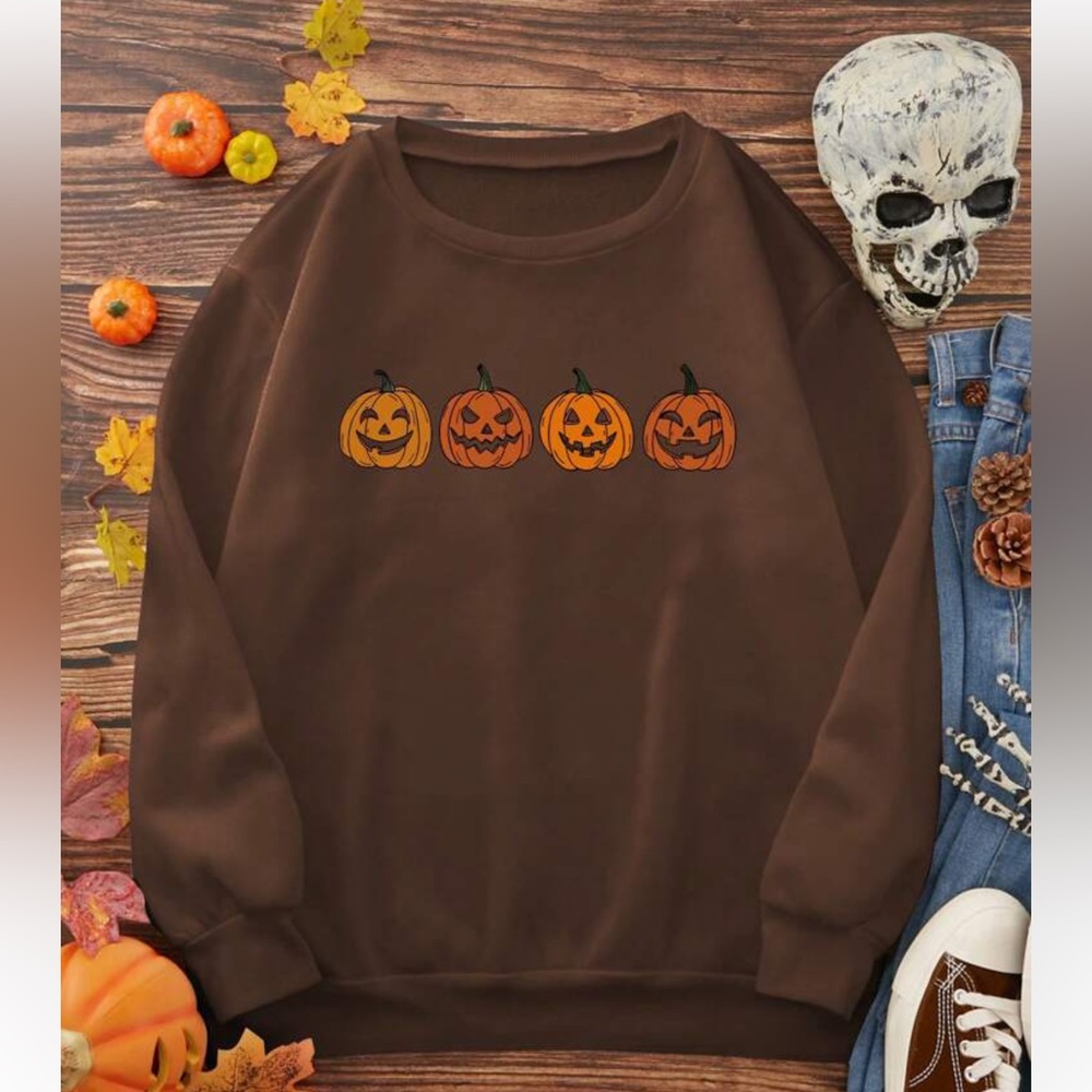 SHEIN Brown Pumpkin Cartoon Thermal Lined Sweatshirt